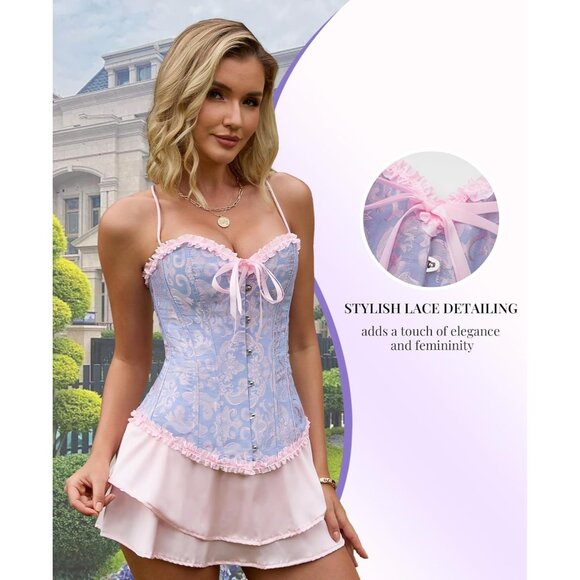 Women's Blue Corset Tops Bustier Lingerie Lace Waist Push Up Bodysuit - Picture 7 of 7